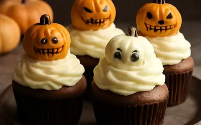 Halloweenowe babeczki 'Dyniowe Potworki' z kremem serowo-maślanym
