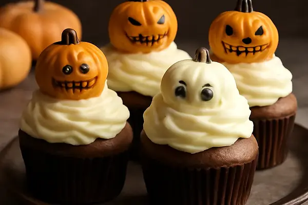 Halloweenowe babeczki 'Dyniowe Potworki' z kremem serowo-maślanym