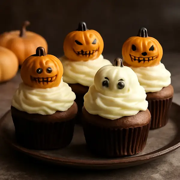 Halloweenowe babeczki 'Dyniowe Potworki' z kremem serowo-maślanym