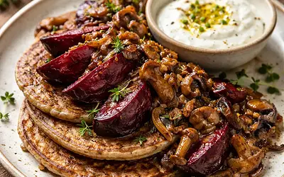 Rustic buckwheat pancakes with roasted beetroot and forest ragout, served with a cottage cheese and buttermilk dip and roasted apple