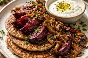 Rustic buckwheat pancakes with roasted beetroot and forest ragout, served with a cottage cheese and buttermilk dip and roasted apple