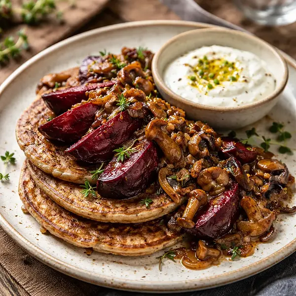 Wiejskie placki gryczane z pieczonym burakiem i leśnym ragout, podane z twarogowo-maślankowym dipem i prażonym jabłkiem