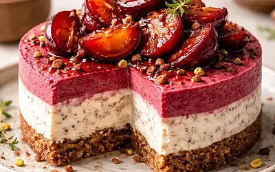 Buckwheat-Cottage Cheese Cheesecake with Roasted Beetroot Mousse and Caramelized Plums