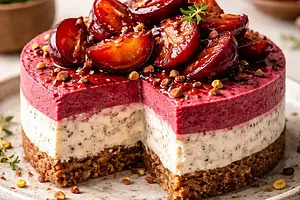 Buckwheat-Cottage Cheese Cheesecake with Roasted Beetroot Mousse and Caramelized Plums