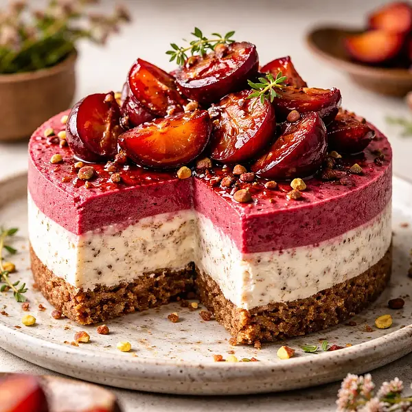 Gryczano-twarożkowy sernik z musem z pieczonych buraków i karmelizowanymi śliwkami