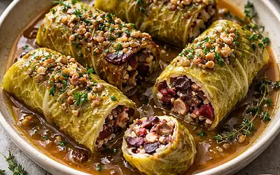 Zimowe gołąbki roślinne z kaszy gryczanej, pieczonego buraka i leśnych grzybów w sosie jabłkowo-śliwkowym — wariant 14621a67