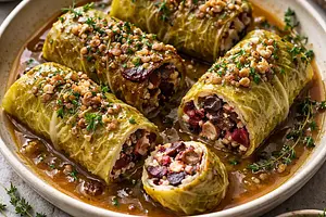 Winter plant-based cabbage rolls with buckwheat, roasted beetroot, and forest mushrooms in apple-plum sauce — variant 14621a67
