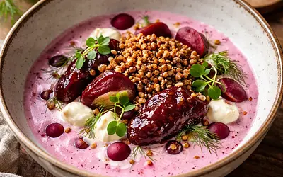 Country-style buttermilk and beet essence with roasted buckwheat and plum-apple jam (variant 6c95c6dc)