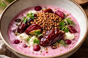 Country-style buttermilk and beet essence with roasted buckwheat and plum-apple jam (variant 6c95c6dc)