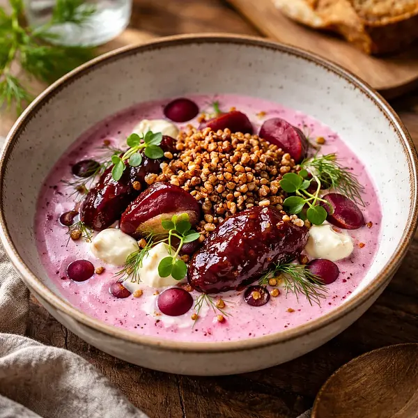 Wiejska maślankowo-buraczana esencja z prażoną kaszą gryczaną i konfiturą śliwkowo-jabłkową (wariant 6c95c6dc)