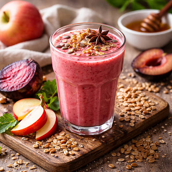 Zimowy napój comfort 'Czerwony Pęczak' — maślanka z pieczonym burakiem, jabłkiem, śliwką i prażoną kaszą (wariant 1fd571a1)