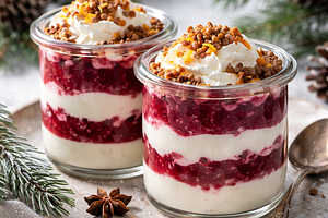 Winter cups with cottage cheese and buttermilk cream, beetroot jam, and toasted buckwheat.
