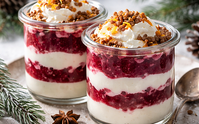 Winter cups with cottage cheese and buttermilk cream, beetroot jam, and toasted buckwheat.