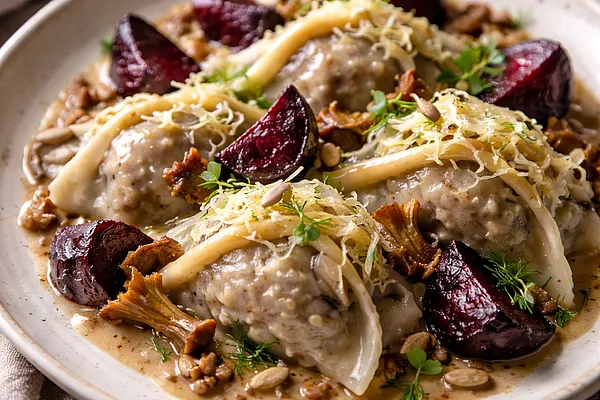 Pierogi-grzybki: parowane ravioli z kaszy gryczanej, pieczonymi burakami i kapustą kiszoną w sosie śliwkowo-musztardowym (wersja roślinna, fusion polsko-europejskie)