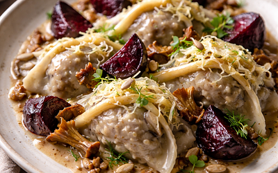 Pierogi-grzybki: parowane ravioli z kaszy gryczanej, pieczonymi burakami i kapustą kiszoną w sosie śliwkowo-musztardowym (wersja roślinna, fusion polsko-europejskie)