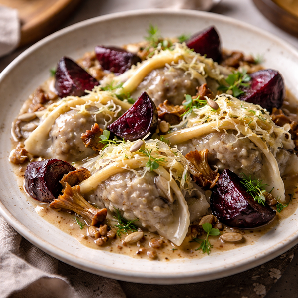 Pierogi-grzybki: parowane ravioli z kaszy gryczanej, pieczonymi burakami i kapustą kiszoną w sosie śliwkowo-musztardowym (wersja roślinna, fusion polsko-europejskie)