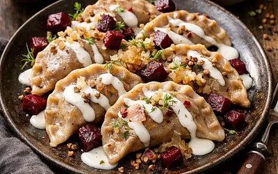 Pierogi fusion: buckwheat with cottage cheese, roasted beets and sauerkraut, buttermilk-horseradish sauce with plum and apple chips
