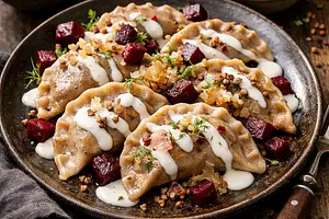 Pierogi fusion: buckwheat with cottage cheese, roasted beets and sauerkraut, buttermilk-horseradish sauce with plum and apple chips