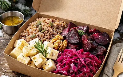 Winter Salad "Highlander’s Chest" with Buckwheat, Roasted Beets, Sauerkraut, and Cottage Cheese