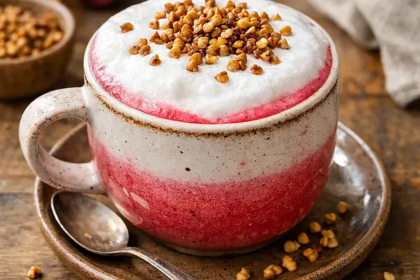 Rozgrzewające buraczane latte z maślankową pianką i prażoną kaszą gryczaną