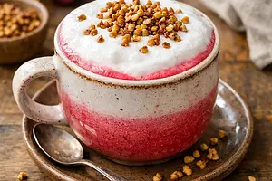Rozgrzewające buraczane latte z maślankową pianką i prażoną kaszą gryczaną