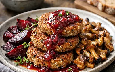 Buckwheat winter patties with roasted beets, wild mushrooms, and apple-plum sauce (vegan version)