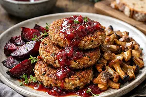 Buckwheat winter patties with roasted beets, wild mushrooms, and apple-plum sauce (vegan version)