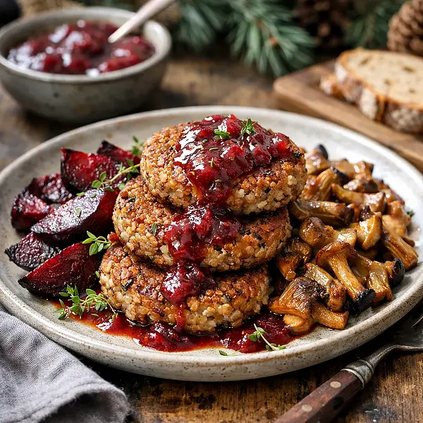 Gryczane kotlety zimowe z pieczonymi burakami, leśnymi grzybami i sosem jabłkowo-śliwkowym (wersja roślinna)
