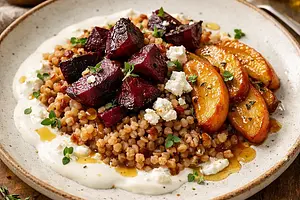 Buckwheat Risotto with Roasted Beetroot, Creamy Curd and Buttermilk, and Caramelized Apples