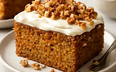 Moist carrot-banana cake with a salty nut crumble and light mascarpone cream