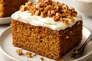 Moist carrot-banana cake with a salty nut crumble and light mascarpone cream