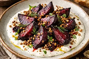 Rustic hot drink with roasted beets, buttermilk, and toasted buckwheat