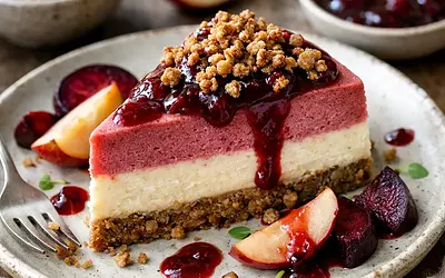 Buckwheat-Cottage Cheese Cheesecake with Roasted Beet and Apple Mousse, Buckwheat Crumble, and Plum Reduction
