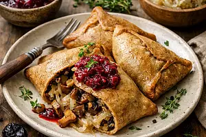 Buckwheat pockets with sauerkraut, forest mushrooms, and plum-beet chutney