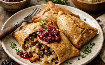 Buckwheat pockets with sauerkraut, forest mushrooms, and plum-beet chutney