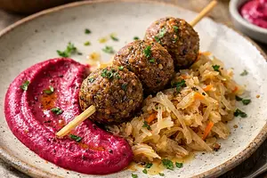 Buckwheat balls on a stick with stewed sauerkraut and roasted beet cream (variant 292194ff)