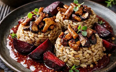 Nests of winter groats with forest mushrooms, caramelized beets, and plum-mustard sauce