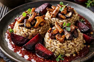 Nests of winter groats with forest mushrooms, caramelized beets, and plum-mustard sauce