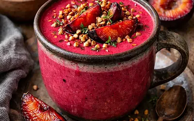 Winter warming drink: Buttermilk-beet elixir with roasted buckwheat and plum
