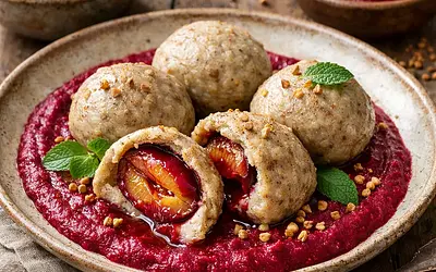 Country dessert: dumplings made of buckwheat and cottage cheese with plum filling, roasted beetroot mousse, and toasted spelt