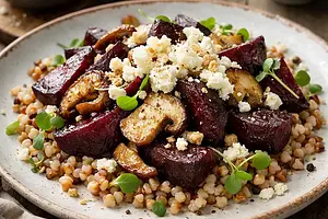 Winter buckwheat salad with roasted beets, sautéed porcini mushrooms, and cottage cheese crumble