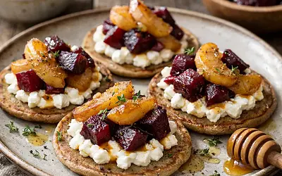 Buckwheat pancakes for winter with creamy cottage cheese, roasted beetroot, and caramelized apples