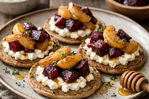 Buckwheat pancakes for winter with creamy cottage cheese, roasted beetroot, and caramelized apples