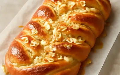 Braided brioche-like bread with vanilla-almond cream and honey-orange glaze