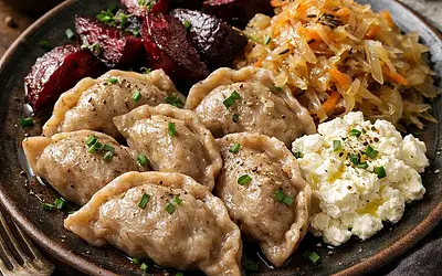 Buckwheat Pockets with Roasted Beets, Braised Sauerkraut, and Creamy Tofu Cheese (Vegan Version)