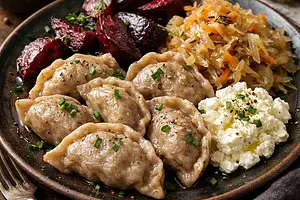 Buckwheat Pockets with Roasted Beets, Braised Sauerkraut, and Creamy Tofu Cheese (Vegan Version)