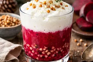 Winter fusion drink: buckwheat-beet elixir with buttermilk-curd foam