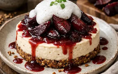 Buckwheat cottage cheese cheesecake with roasted beets and plum sauce, topped with buttermilk foam
