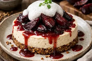 Buckwheat cottage cheese cheesecake with roasted beets and plum sauce, topped with buttermilk foam