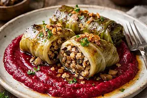 Winter Cabbage Rolls with Buckwheat, Forest Filling, and Roasted Beet Purée (vegan version)